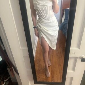 House of CB- Lulu Corset Drape Midi Dress Size Small Ivory White Off-Shoulder